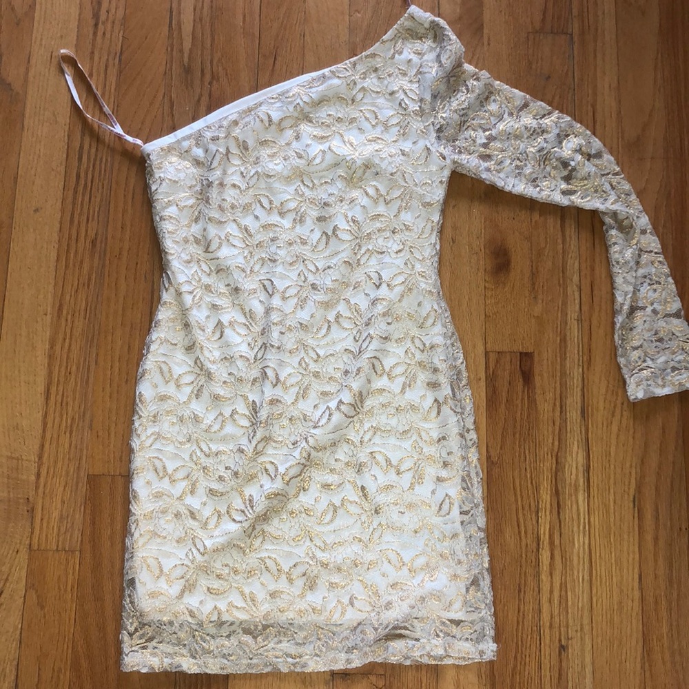 Gold Floral One Sleeve Cocktail Dress